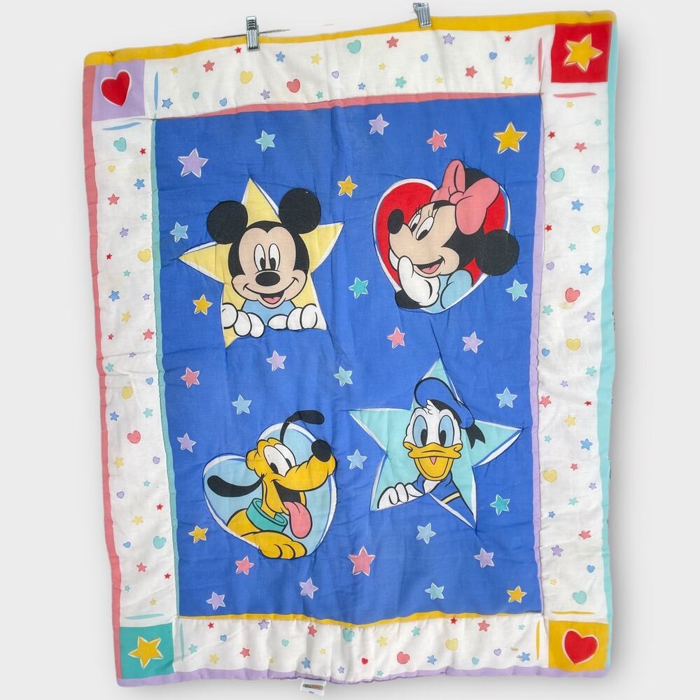 Vtg Disney Babies Quilt Mickey Minnie Stars Hearts Shapes Nursery Baby Blanket